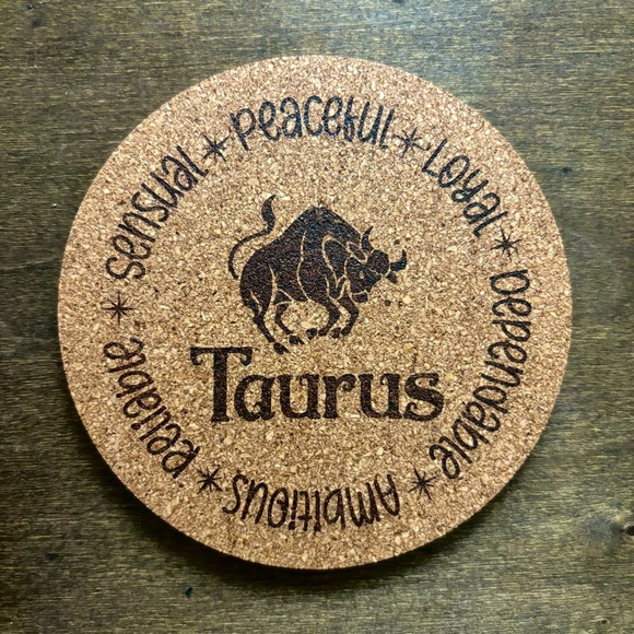 Taurus Zodiac Sign Encircled Laser Engraved Cork Coaster - Picture 1 of 5
